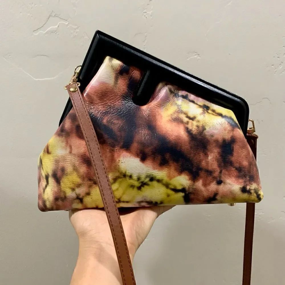 Handmade Genuine Premium Leather Tie-dye Printed Wooden Frame Bag with 2 Straps